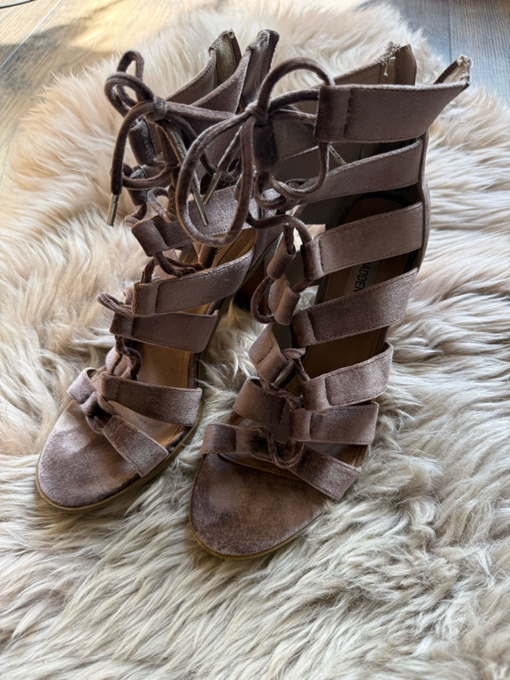 Steve Madden Taupe Velvet Lace-Up Strappy Heels